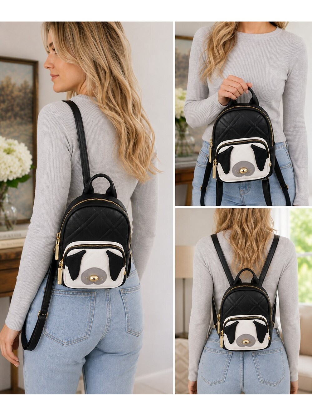 Betsey Johnson Black and White Puppy Dog Face Mini Backpack